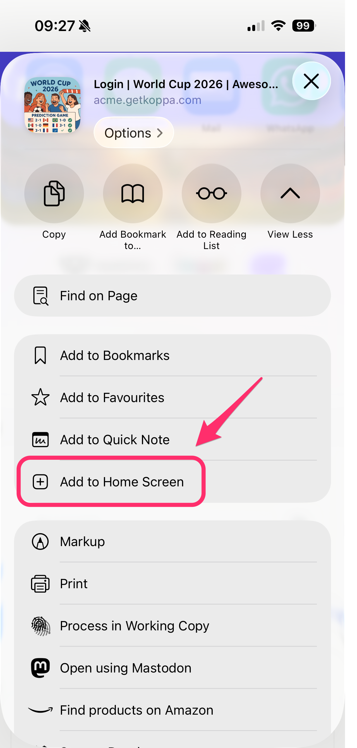 Option Ajouter à l’écran d’accueil dans Safari